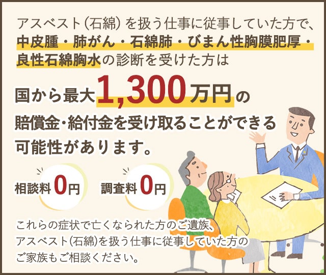 アスベスト（石綿）を扱う仕事に従事していた方で、中皮腫・肺がん・石綿肺・びまん性胸膜肥厚・良性石綿胸水の診断を受けた方は国から最大1,300万円の賠償金・給付金を受け取ることができる可能性があります。これらの症状で亡くなられた方のご遺族、アスベスト（石綿）を扱う仕事に従事していた方のご家族もご相談ください。相談料0円、調査料0円