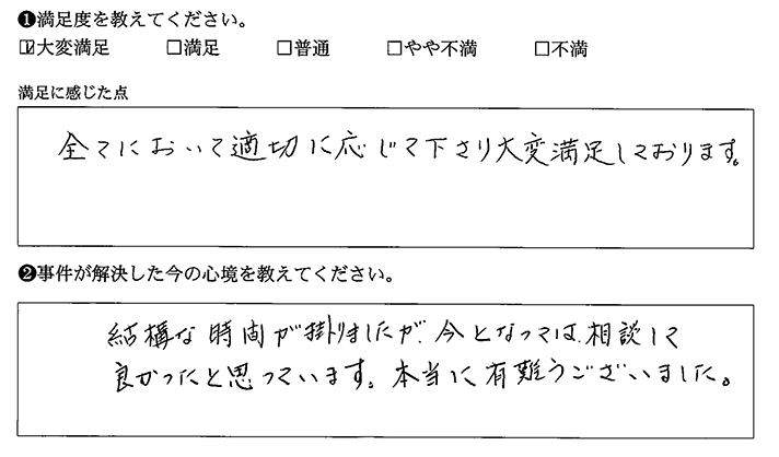 全てにおいて適切に応じて下さり大変満足