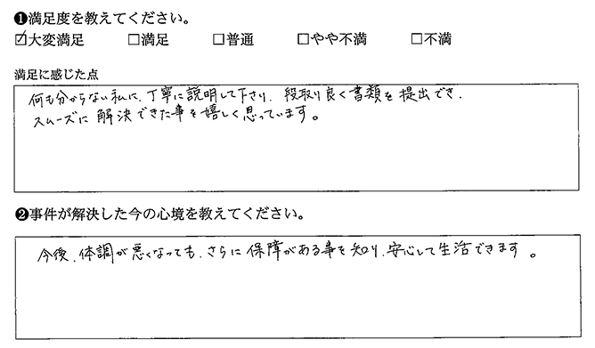 丁寧に説明にして下さり、段取り良く書類を提出でき、スムーズに解決できた