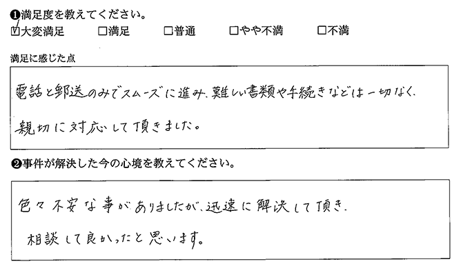 電話と郵送のみでスムーズに進みました