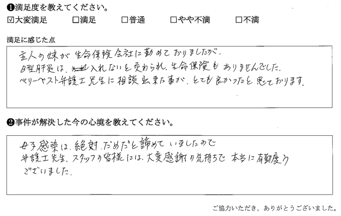 ベリーベスト弁護士先生に相談出来た事が、とても良かったと思っております