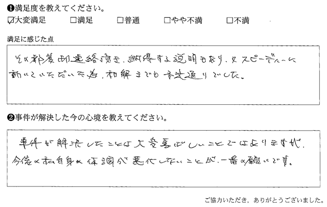 スピーディーに動いていただいた為、和解までも予定通りでした